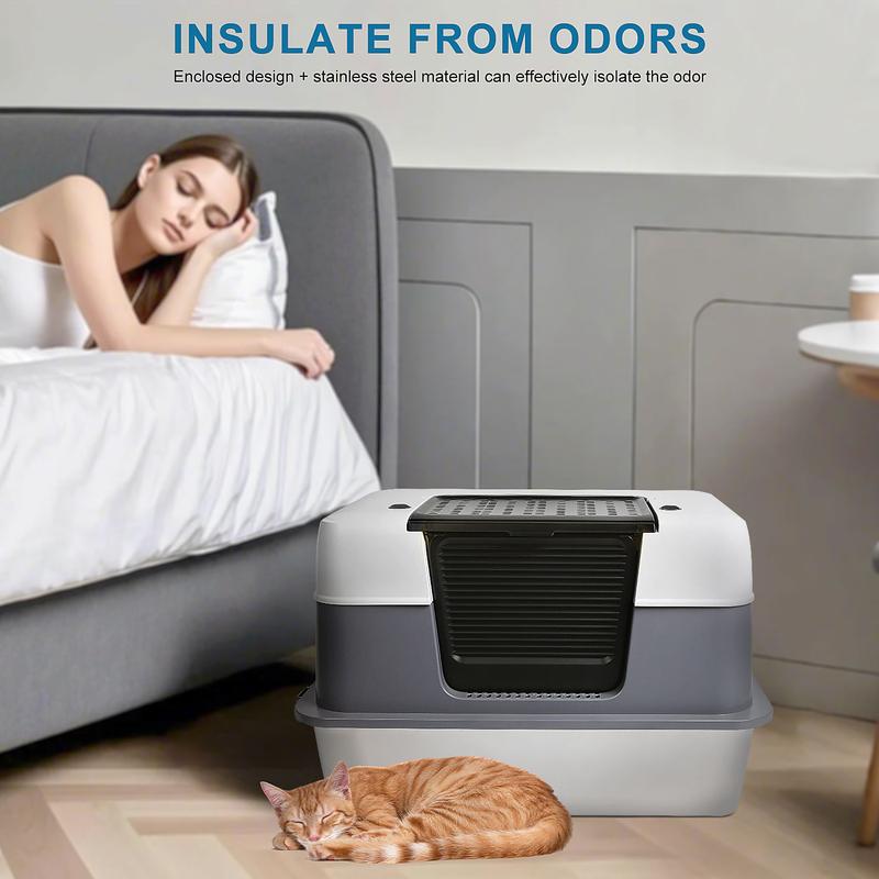 NOVUOR Premium Stainless Steel Litter Box — Odor-Free, Leak-Proof, with Lid -FREE Nano Mineral Crystal Activated Carbon Deodorizing Beads